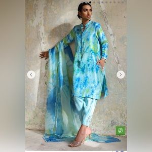 Designer Pure raw silk hand made tied n dyed shalwar & kameez dress. Medium